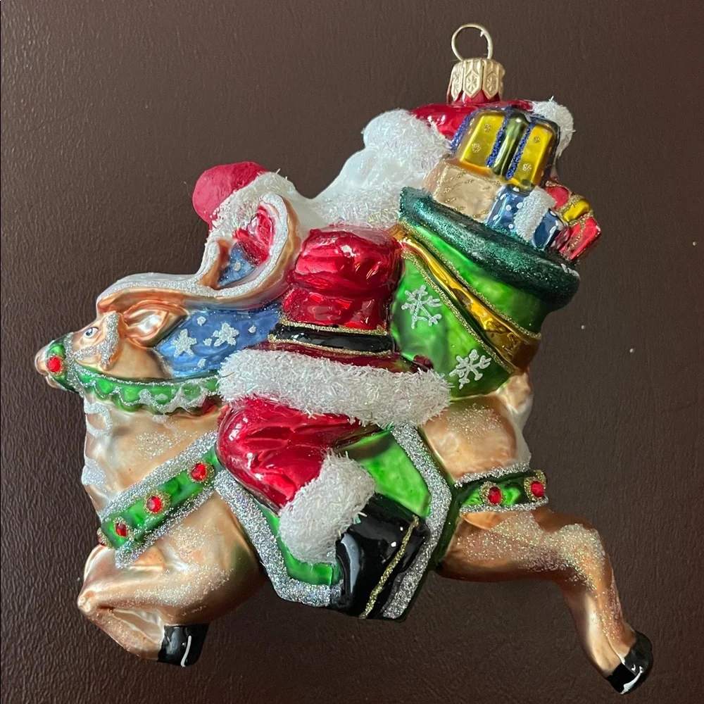 Hand Blown Glass Christmas Tree Ornament - Santa Riding Reindeer w/ Bag of Gifts